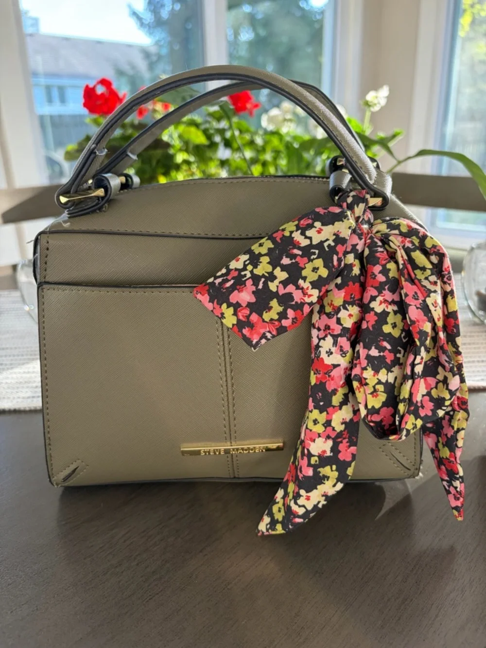 Steve Madden Olive Handbag with Floral Scarf Accent